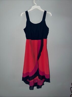 paper doll Black Bodice with Red and Pink Colorblock High-Low Dress